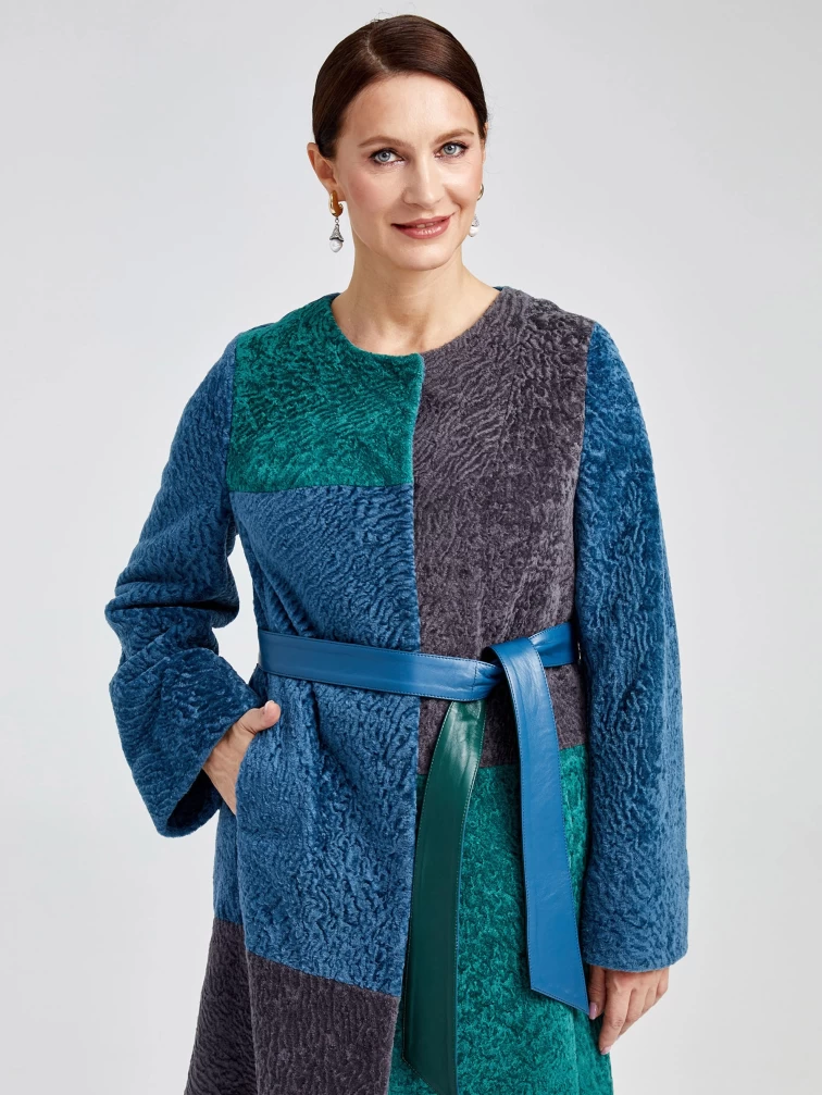 Комбинированная женская дубленка из астрагана с поясом 33мех, мультиколор, размер 40, артикул 17380-0