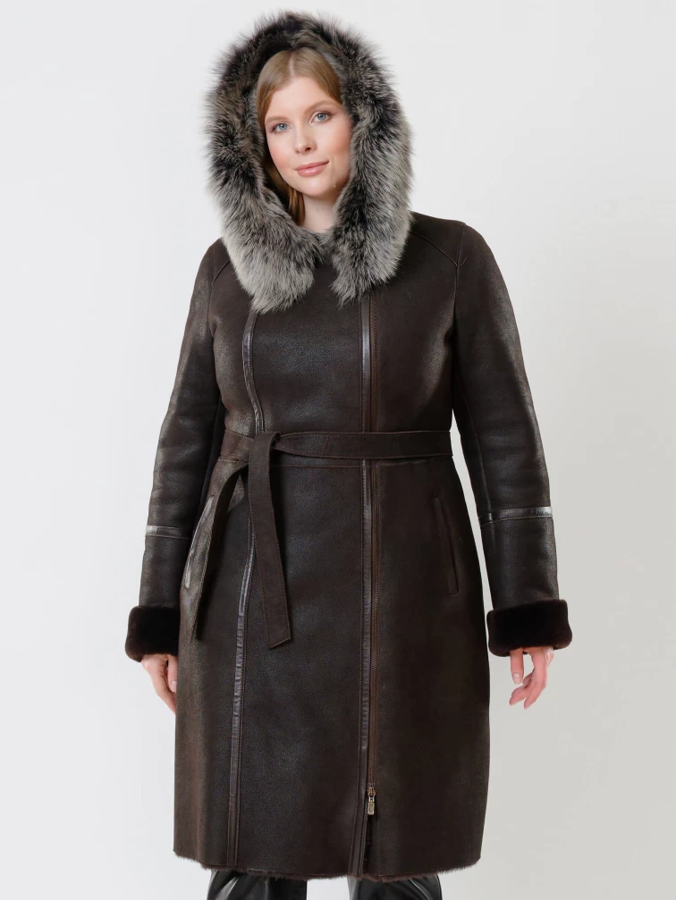 Женская дубленка с капюшоном из тосканы на молнии 265, коричневая, размер 42, артикул 61551-6