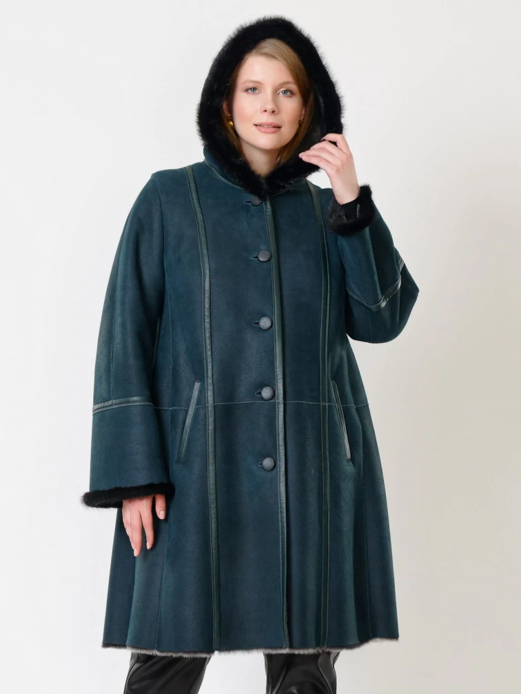 Женская дубленка с капюшоном и отделкой из меха норки 225у, синяя, размер 66, артикул 14860-6