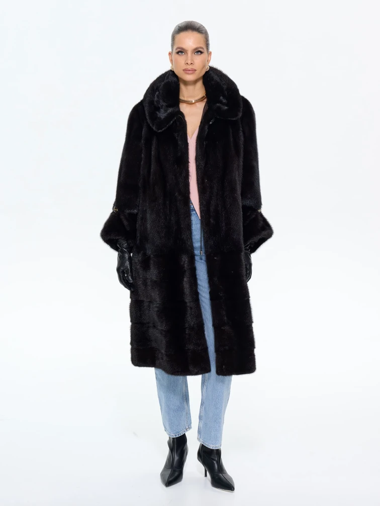 Шуба женская из меха норки с капюшоном М-102-1221, коричневая, размер 60, артикул 65430-2