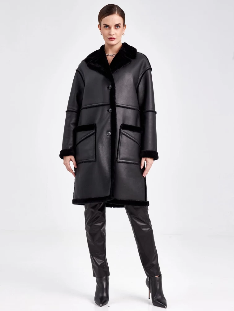 Женское полупальто оверсайз из натуральной овчины премиум класса 2014, черное, размер 44, артикул 63770-0