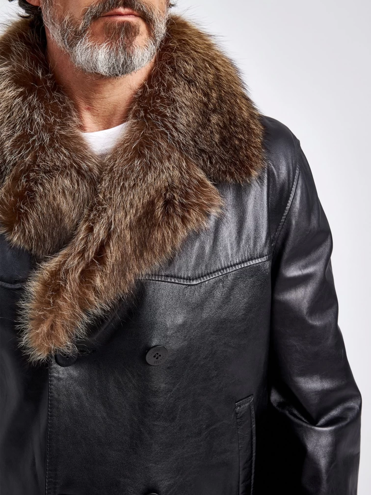 Зимняя двубортная мужская кожаная куртка с воротником меха енота Mafia/New, черная, размер 54, артикул 40810-4