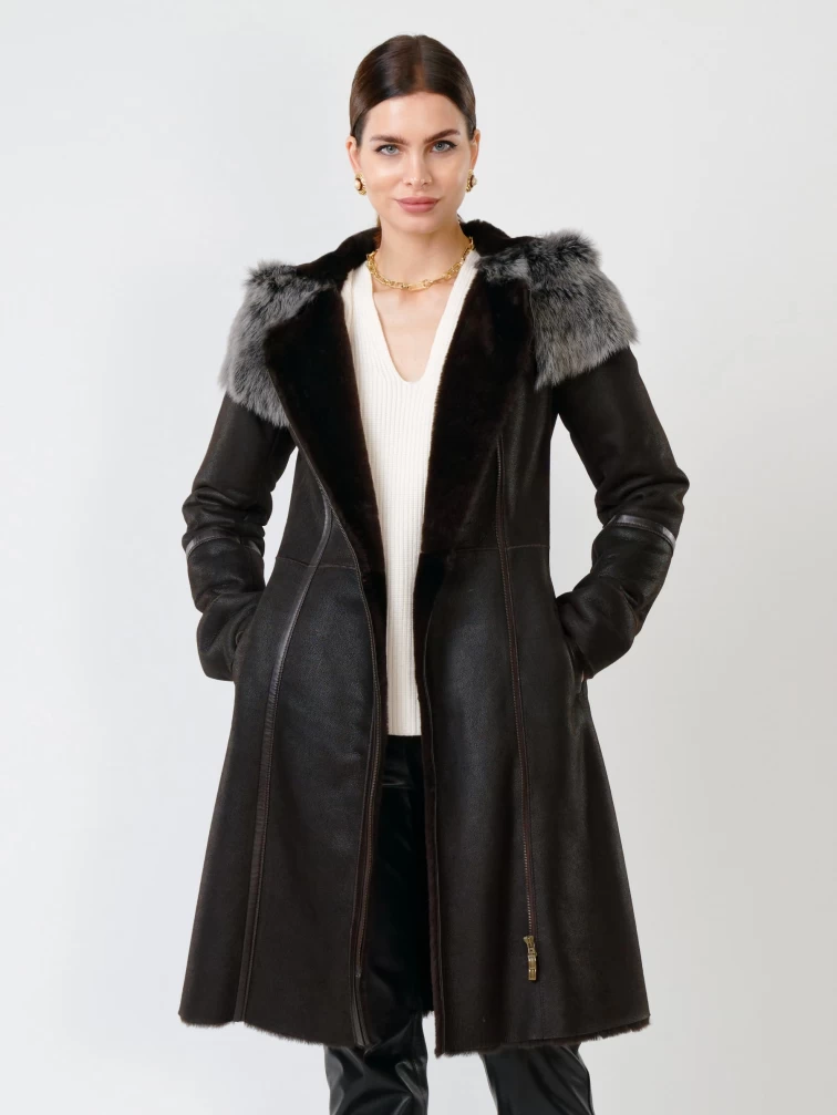 Женская дубленка с капюшоном из тосканы на молнии 265, коричневая, размер 42, артикул 61762-1