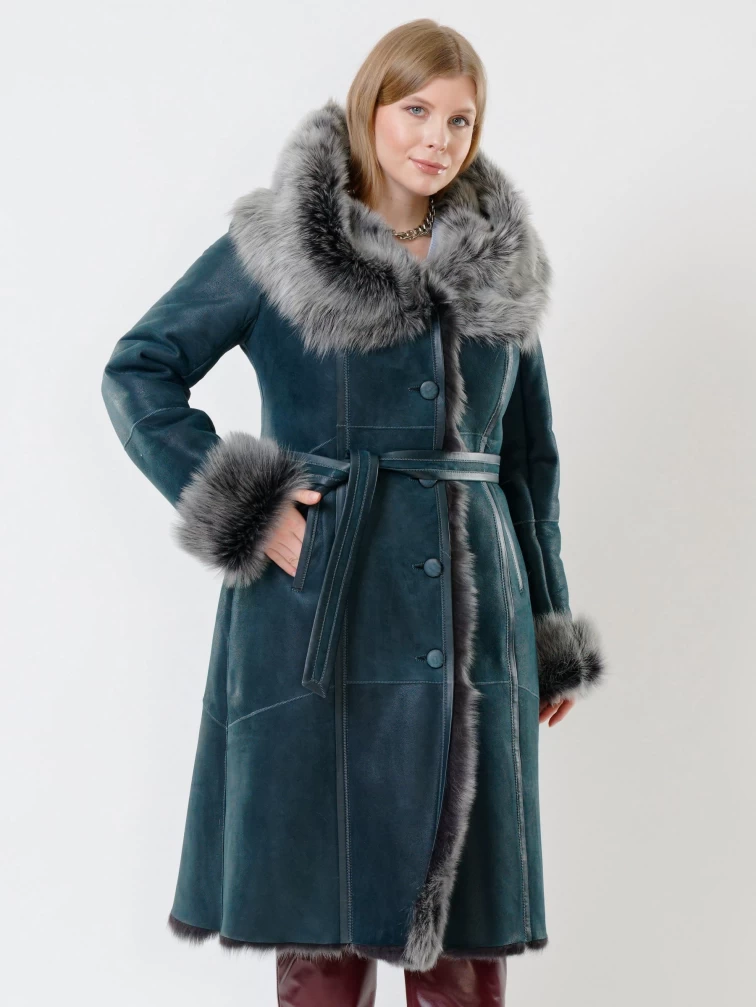 Длинная дубленка из тосканы с капюшоном для женщин 132, синяя, размер 44, артикул 62110-0