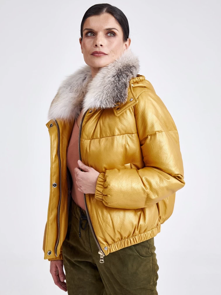 Женская кожаная куртка бомбер с меховым капюшоном премиум класса 3027, желтая, размер 44, артикул 25440-6