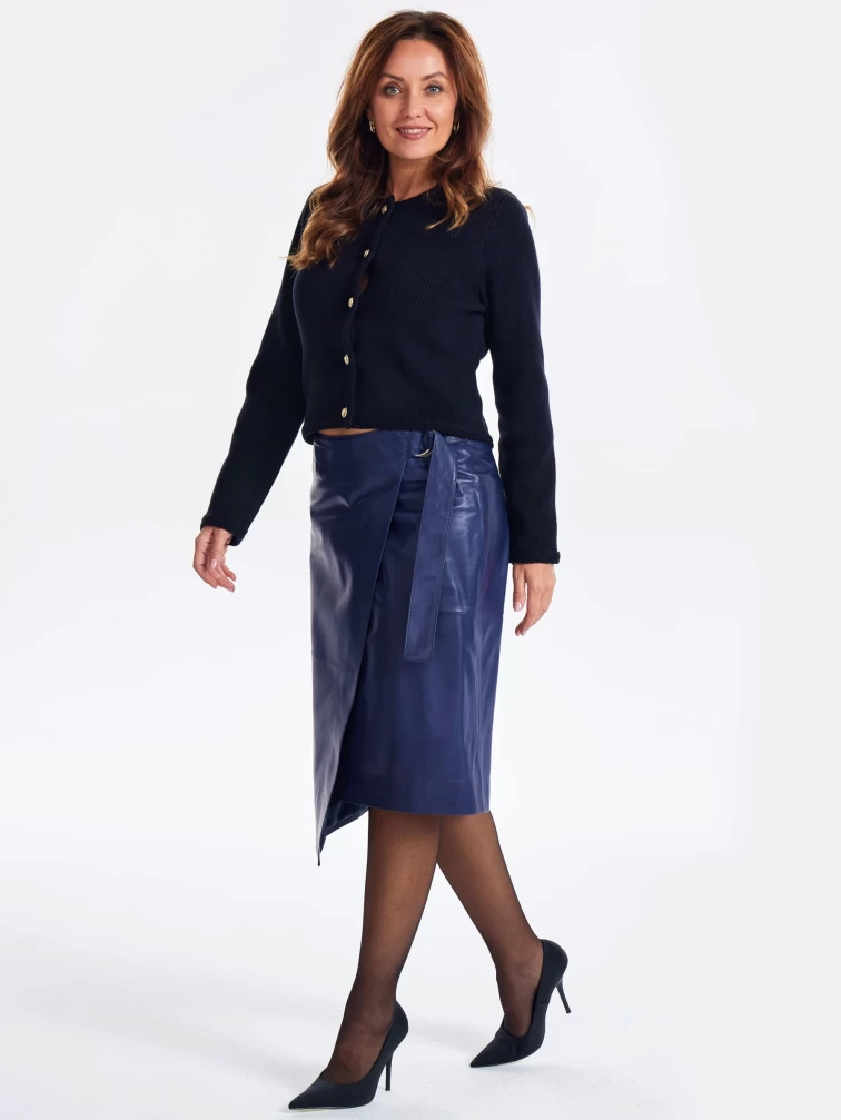 Синяя кожаная юбка миди 07, размер 48, артикул 86370-3