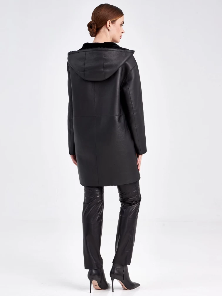 Двустороннее женское пальто косуха с капюшоном из натуральной овчины премиум класса 2012, черное, размер 44, артикул 63750-2