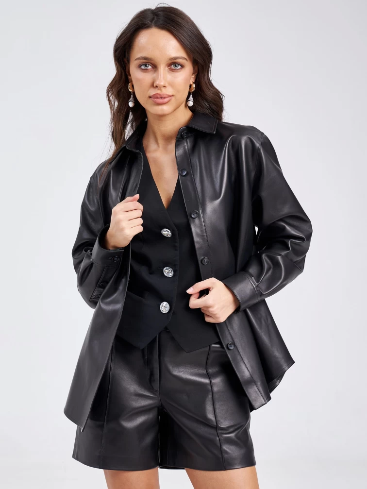 Кожаная женская куртка с поясом премиум класса 02, черная, размер 46, артикул 24760-5