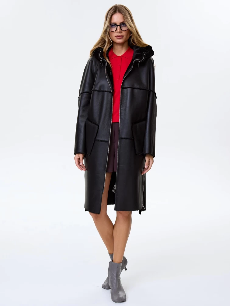 Стильная женская дубленка оверсайз с капюшоном премиум класса 2052, черная, размер 46, артикул 64470-4