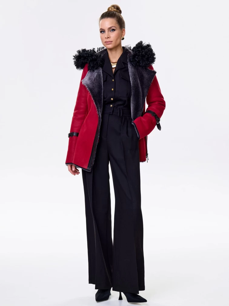 Женская дубленка косуха с капюшоном и отделкой овчиной тиградо 288, красная, размер 42, артикул 14730-1