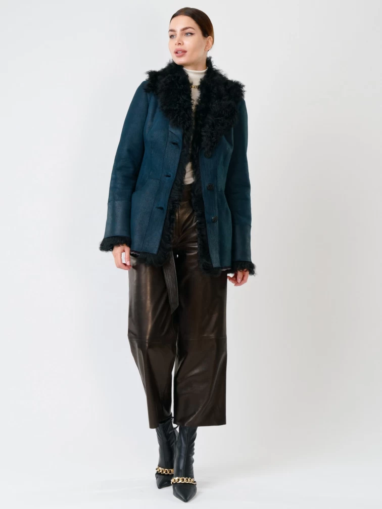 Короткая женская дубленка с овчиной тиградо 289, синяя, размер 42, артикул 61780-3