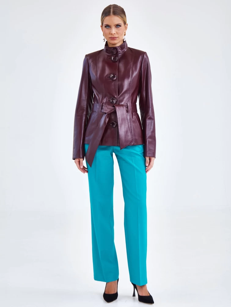 Кожаная женская куртка с поясом 334, бордовая, размер 56, артикул 90630-4