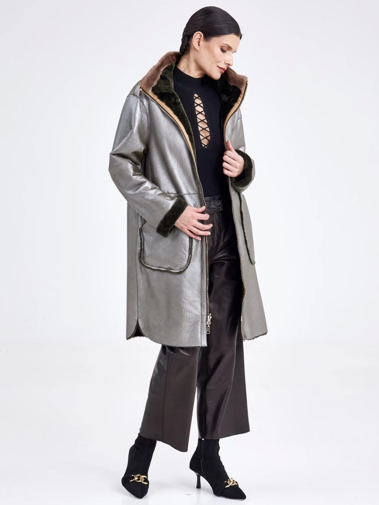 Женская двусторонняя дубленка из астрагана с мехом норки премиум класса 2018, хаки, размер 44, артикул 62770-3