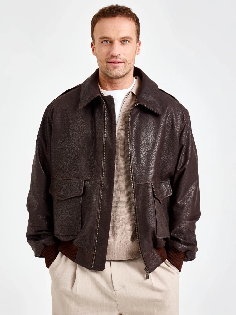 Мужская кожаная куртка пилот премиум класса 548, коричневая, размер 50, артикул 29860-3