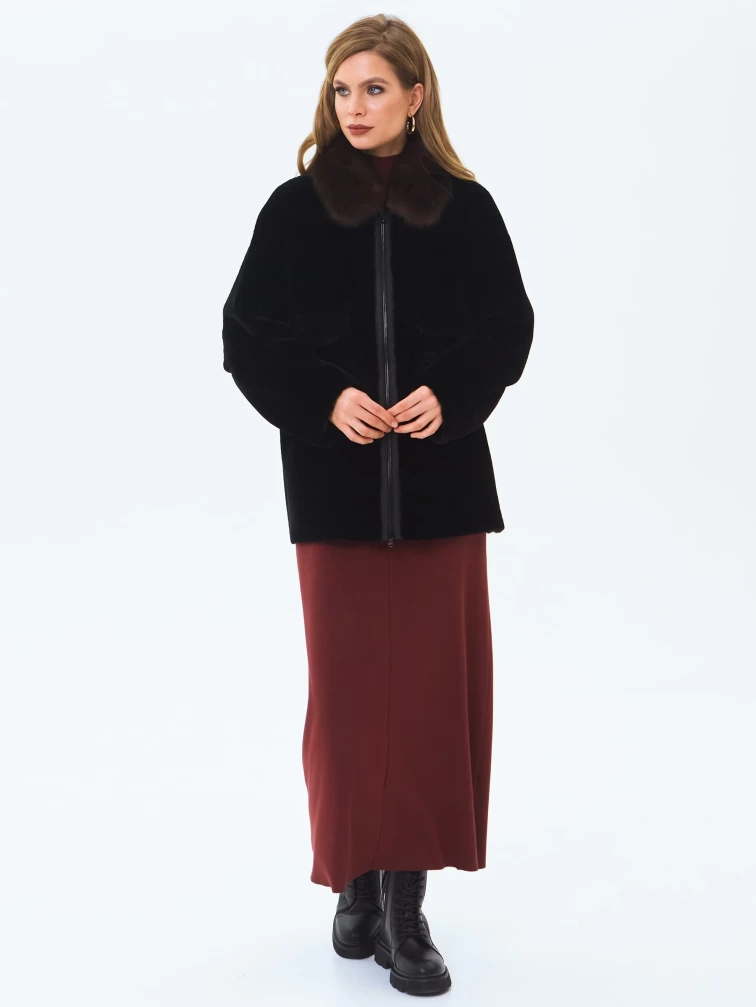 Дубленка женская из астрагана с воротником куницей 2063, черная, размер 46, артикул 64660-1
