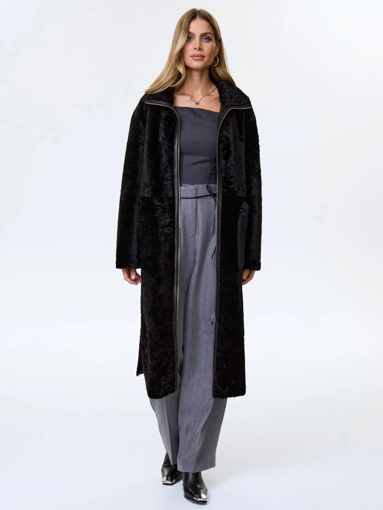 Длинная женская дубленка из астрагана премиум класса 2060, черная, размер 46, артикул 62490-1