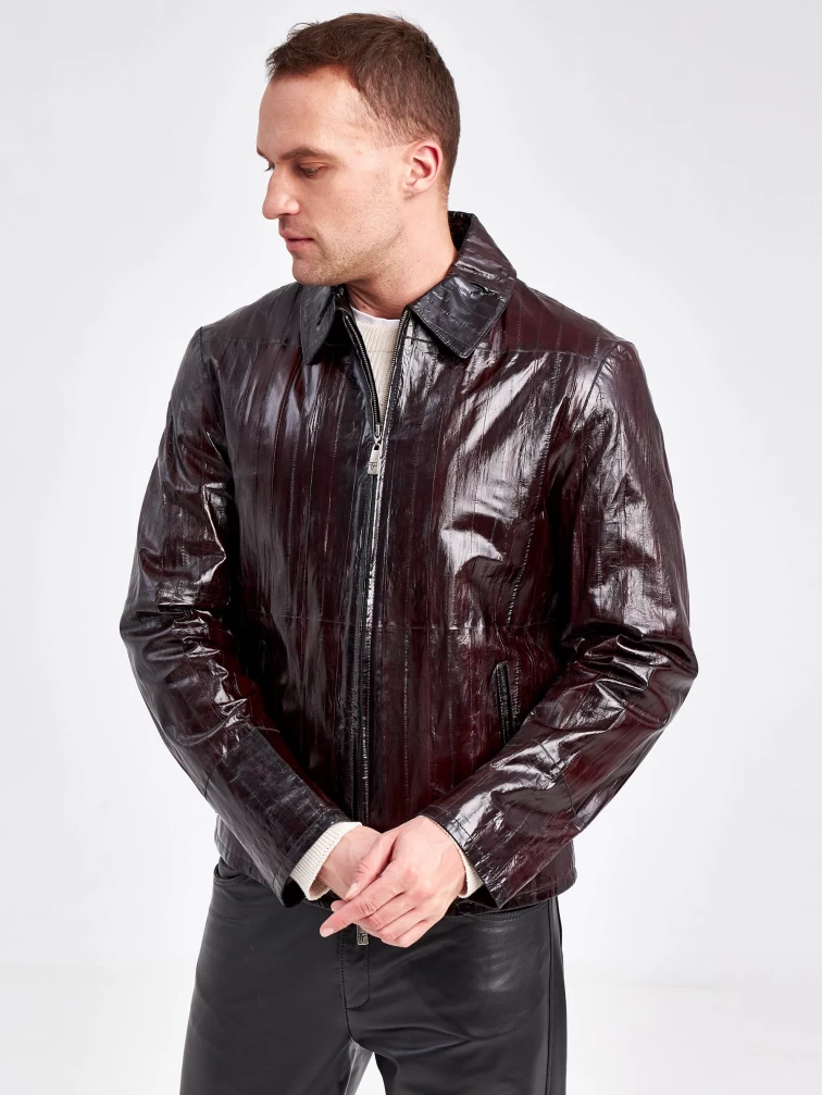 Мужская кожаная куртка из кожи морского угря 4433, бордовая, размер 46, артикул 23100-5