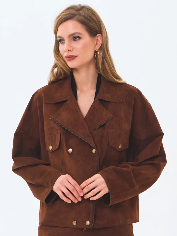 Короткая женская замшевая куртка косуха премиум класса 3085з, коньячная, размер 46, артикул 24620-3