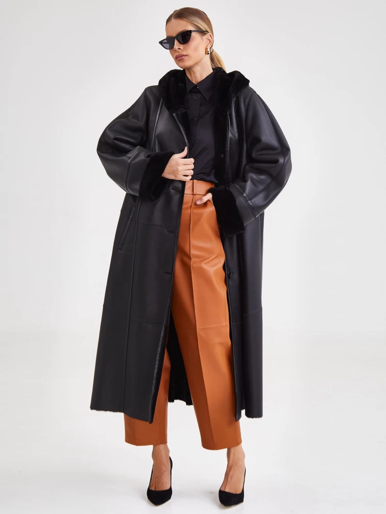 Длинная дубленка с капюшоном премиум класса женская 285, черная, размер 60, артикул 61190-4