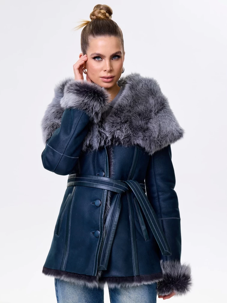 Короткая женская дубленка из тосканы с капюшоном 122, синяя, размер 40, артикул 14871-3