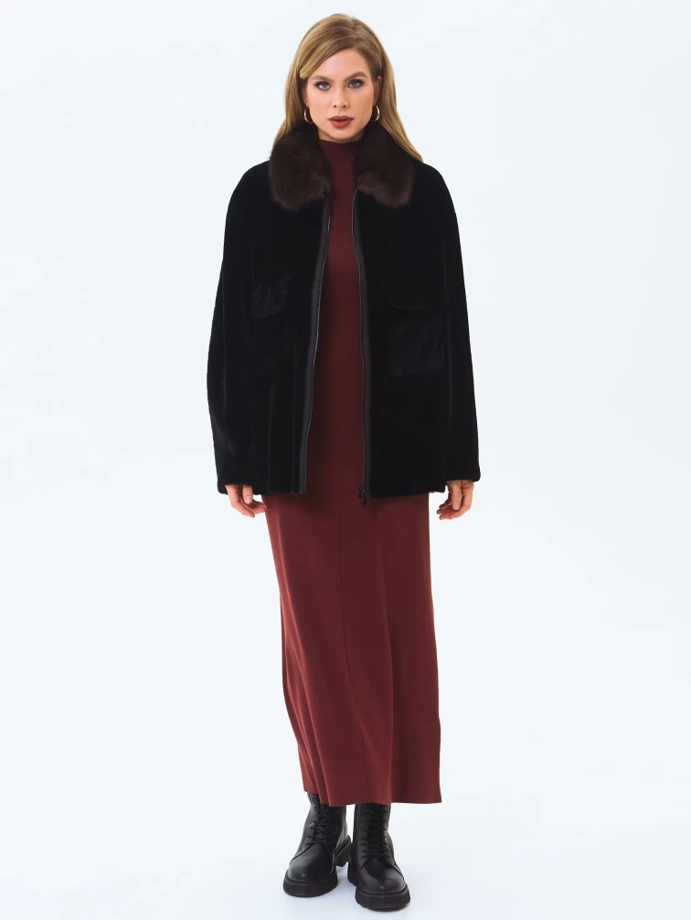 Дубленка женская из астрагана с воротником куницей 2063, черная, размер 46, артикул 64660-6