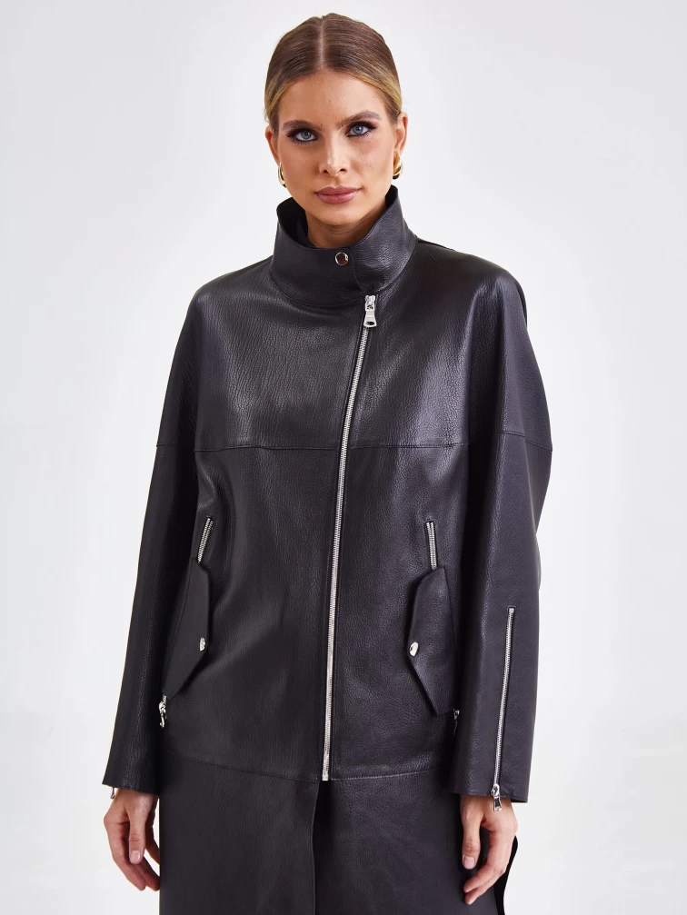 Женский кожаный плащ на молнии премиум класса 3041, черный, размер 48, артикул 91891-2