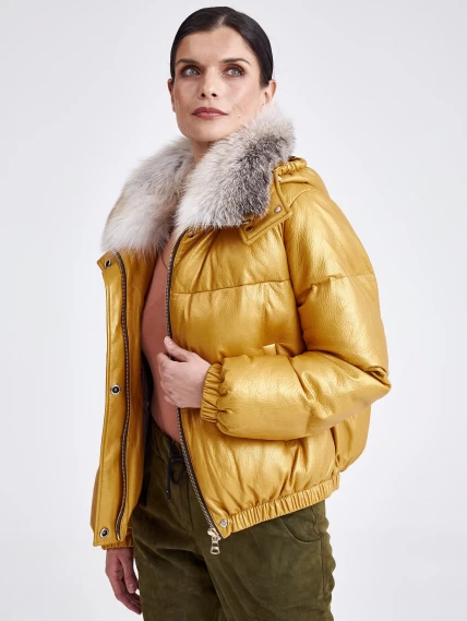 Женская кожаная куртка бомбер с меховым капюшоном премиум класса 3027, желтая, размер 44, артикул 25440-6