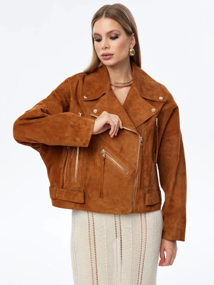 Короткая женская замшевая куртка косуха премиум класса 3051з, виски, размер 46, артикул 23920-2