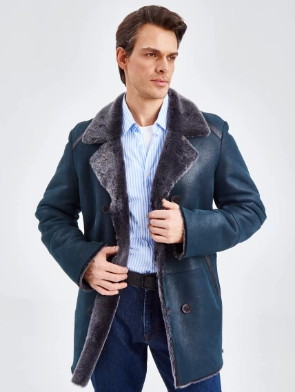 Дубленка двубортная классическая мужская 422, синяя, размер 60, артикул 70490-5