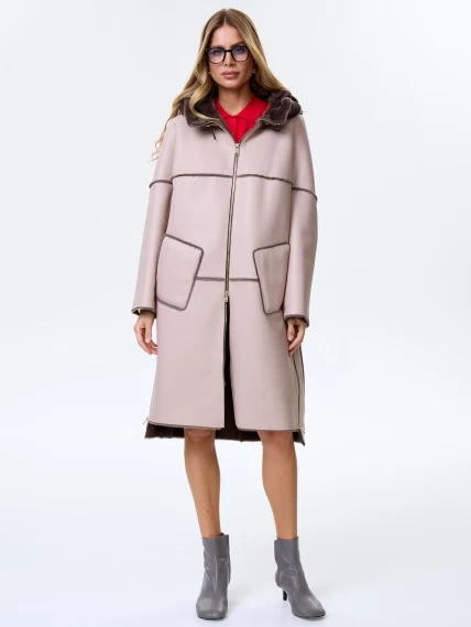 Стильная женская дубленка оверсайз с капюшоном премиум класса 2052, бежевая, размер 46, артикул 62460-4