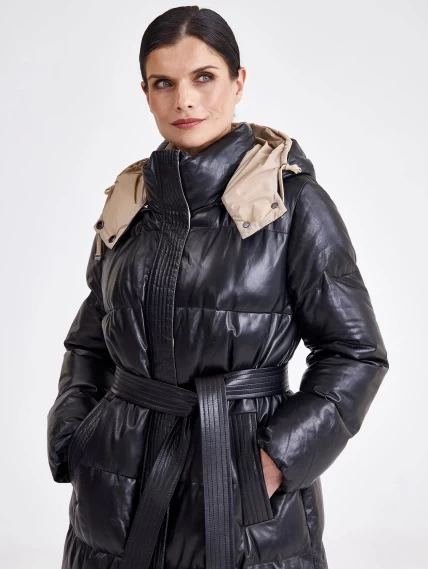 Стеганое кожаное пальто с капюшоном премиум класса для женщин 3024, черное, размер 44, артикул 25420-0