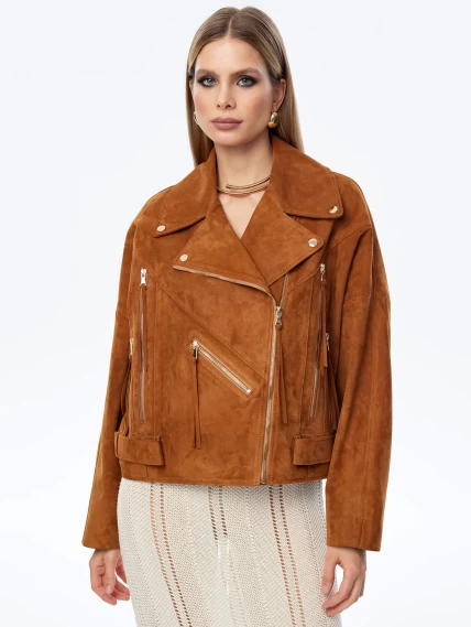 Короткая женская замшевая куртка косуха премиум класса 3051з, виски, размер 46, артикул 23920-6