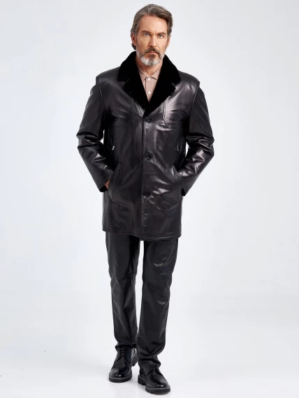 Зимнее мужское кожаное полупальто на подкладке из овчины 5704, черное, размер 48, артикул 40650-5