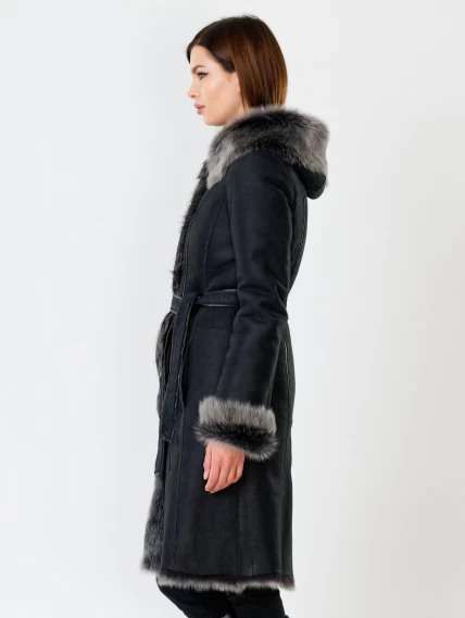 Длинная женская дубленка из тосканы с капюшоном 123нк, черная, размер 52, артикул 61871-5