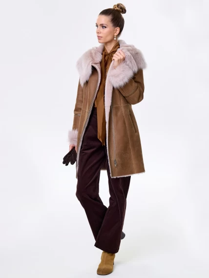 Женская дубленка косуха с капюшоном из тосканы 283, бежевая, размер 48, артикул 61832-1