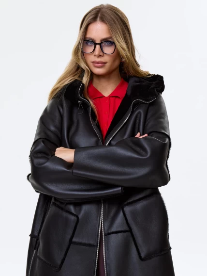 Женское полупальто с капюшоном из натуральной овчины премиум класса 2052, черное, размер 46, артикул 64290-0