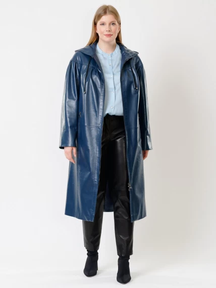 Кожаный длинный женский плащ с капюшоном 3009, синий, размер 48, артикул 91381-3