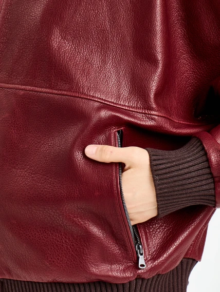 Женская бордовая кожаная куртка бомбер премиум класса 3106, размер 44, артикул 92170-2