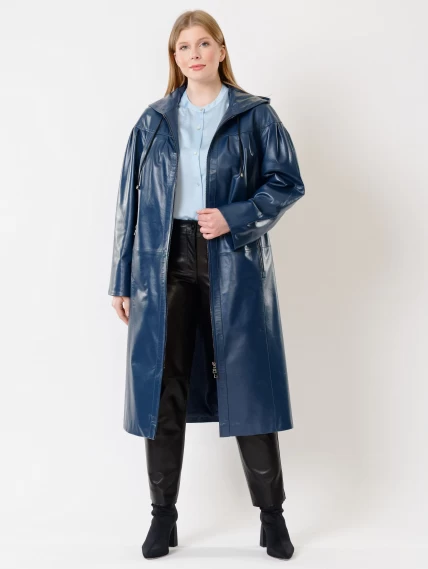 Кожаный длинный женский плащ с капюшоном 3009, синий, размер 48, артикул 91381-5