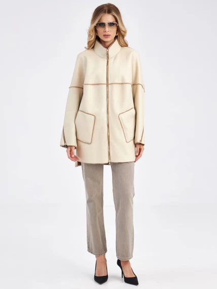 Женская куртка оверсайз из меховой овчины на молнии премиум класса 2036, бежевая, размер 48, артикул 63570-2
