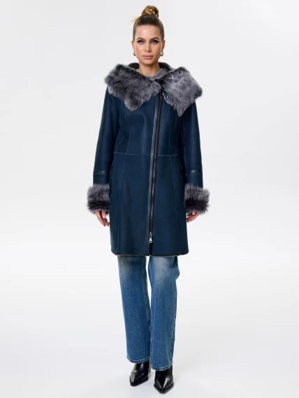 Женская дубленка косуха с капюшоном из тосканы 283, синяя, размер 52, артикул 61562-6