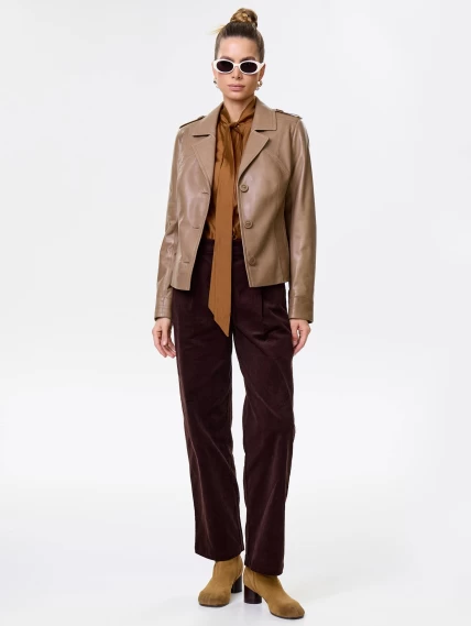 Короткая женская кожаная куртка пиджак 304, серо-коричневая, размер 46, артикул 90701-7