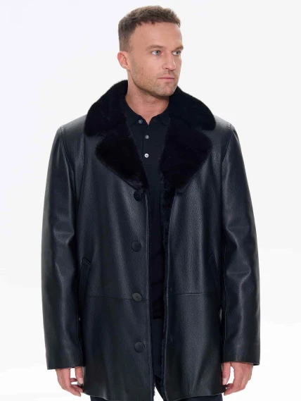 Зимняя кожаная куртка с норковым воротником для мужчин премиум класса 21/1мех, черная, размер 50, артикул 41170-7