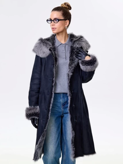 Длинная женская дубленка из тосканы с капюшоном 123нк, черная, размер 52, артикул 61893-1