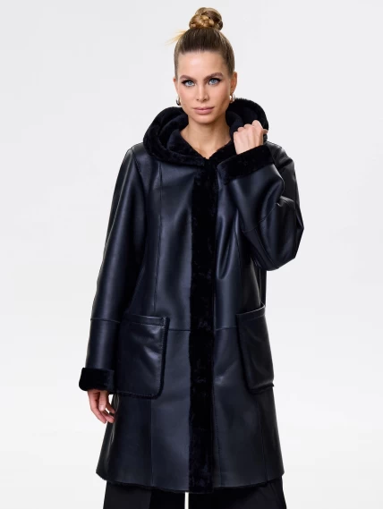 Женская классическая дубленка с капюшоном премиум класса 2004, черная, размер 56, артикул 62820-3