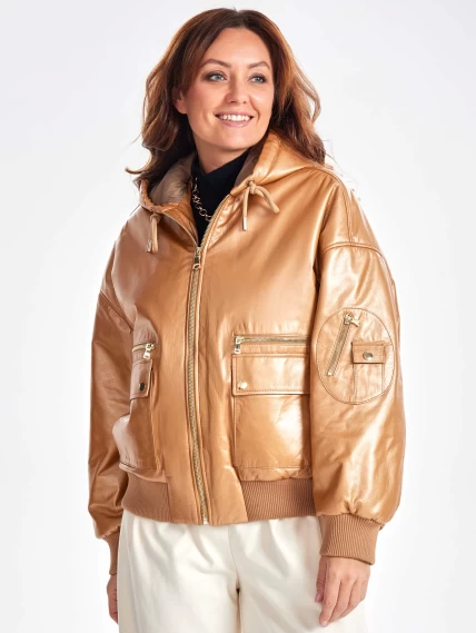 Женская утепленная куртка бомбер с капюшоном премиум класса 3075, бежевая, размер 46, артикул 25550-5