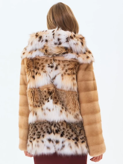 Женская шуба из рысевидной кошки с капюшоном премиум класса Мариана(к), бежевая, размер 46, артикул 34240-5