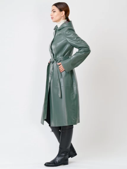 Кожаный женский утепленный плащ с капюшоном 380нш, размер 52, оливковый, артикул 91391-3