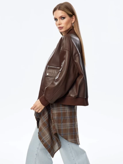 Короткая кожаная куртка бомбер для женщин премиум класса 3064, коричневая, размер 46, артикул 24030-3