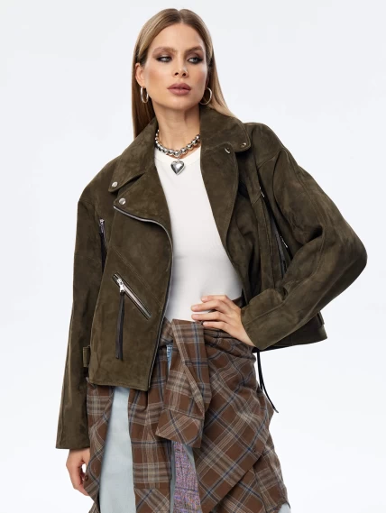 Короткая женская замшевая куртка косуха премиум класса 3051з, хаки, размер 44, артикул 23930-3